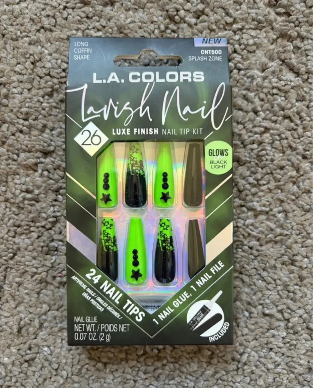 L.A. Colors Lavish Nails Black and Green Halloween Long Coffin Shape Fake Nails